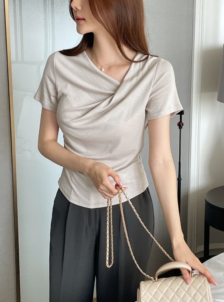 Kelly Unbalanced Drape Short Sleeve Tee-Blouse