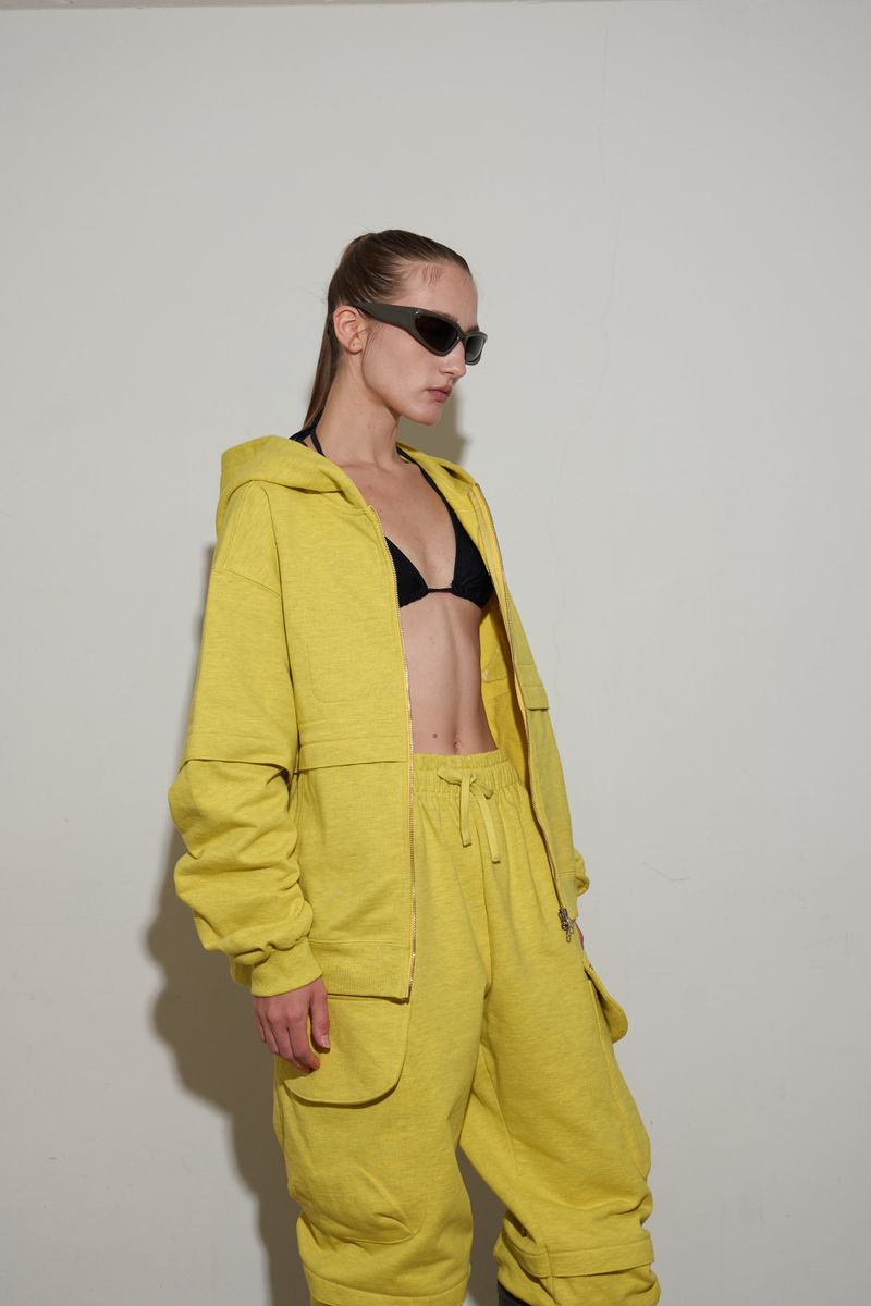 Back point shirring hood zip-up (Melange Yellow)
