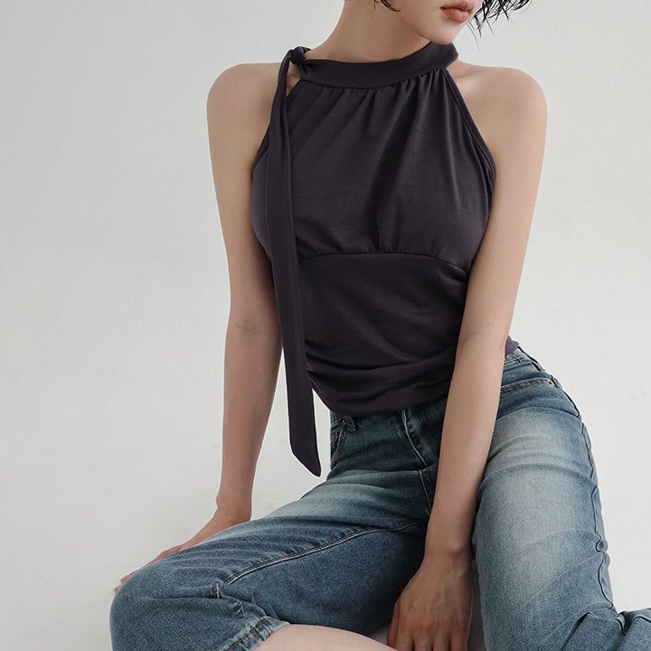 [Seaton] tie shirring halterneck sleeveless - 4color