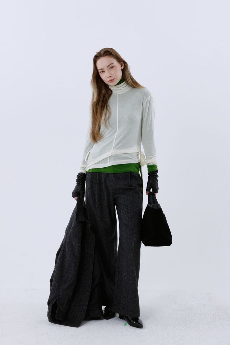 HERRINGBONE WOOL SLACKS PANTS_BLACK