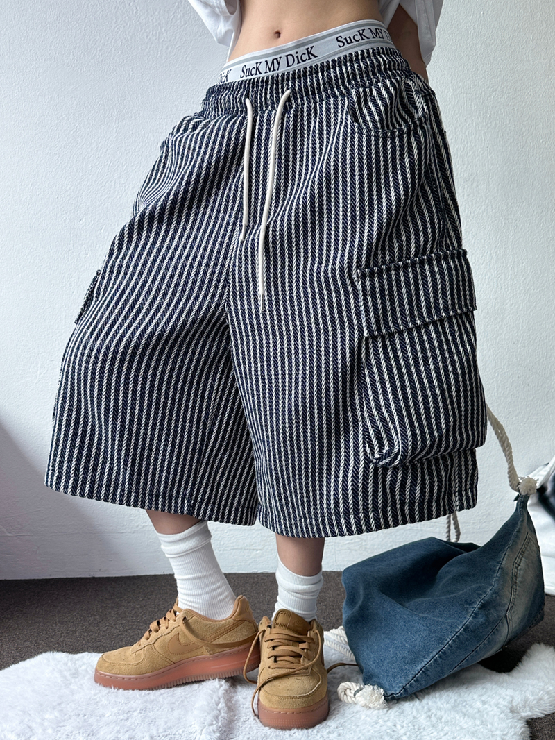STRIPE CARGO BALLOON BERMUDA 💙🖤🤍2COLOR
