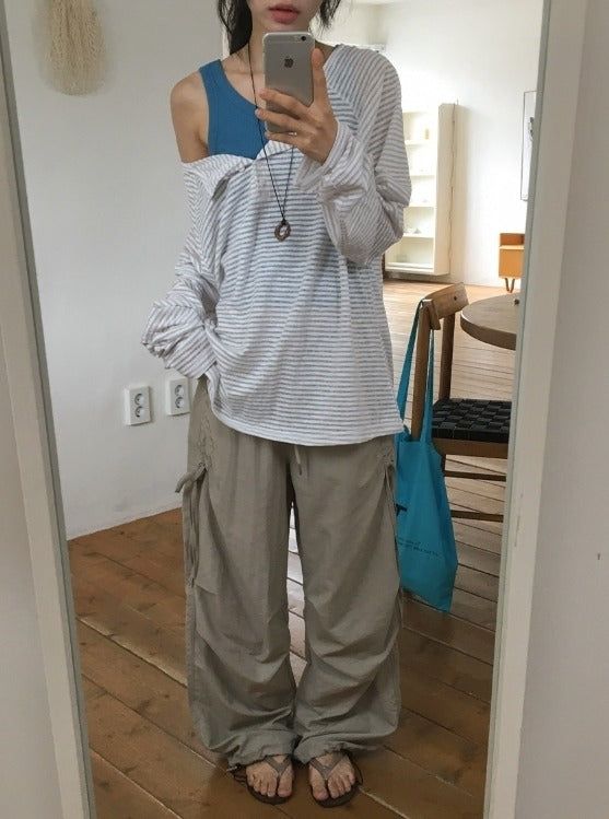 Dre Stripe Summer Button Off-Shoulder Long Sleeve Tee