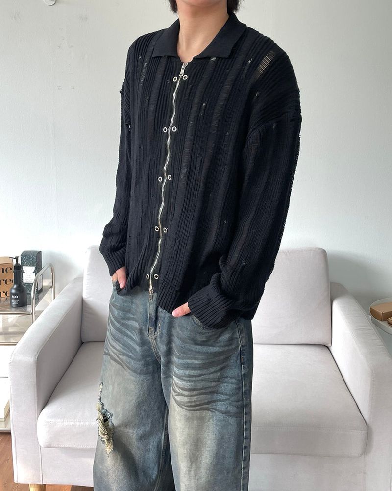 Eyelet Zip-up Knit Cardigan