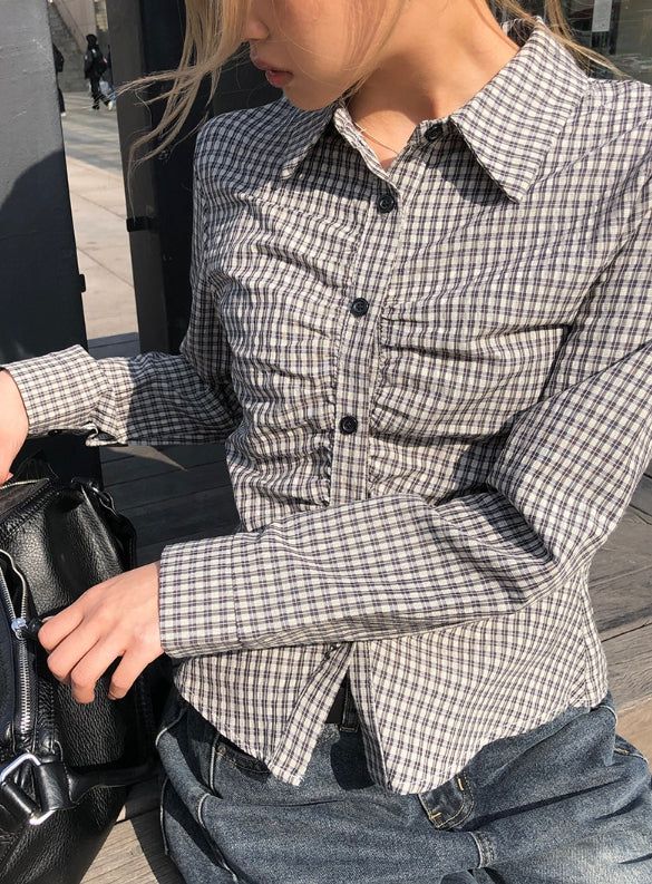 Onser Check Shirring Collar Slim Shirt