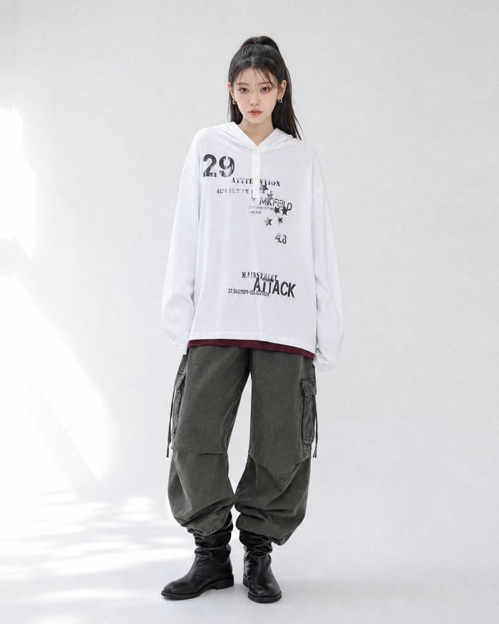 (UNISEX) Attack Henley Hooded Long Sleeve
