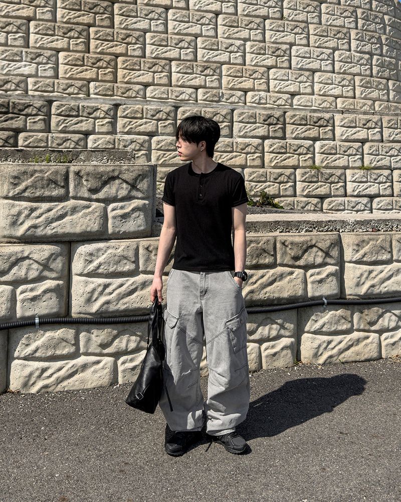 Bion Gray Wash Cargo Denim Pants