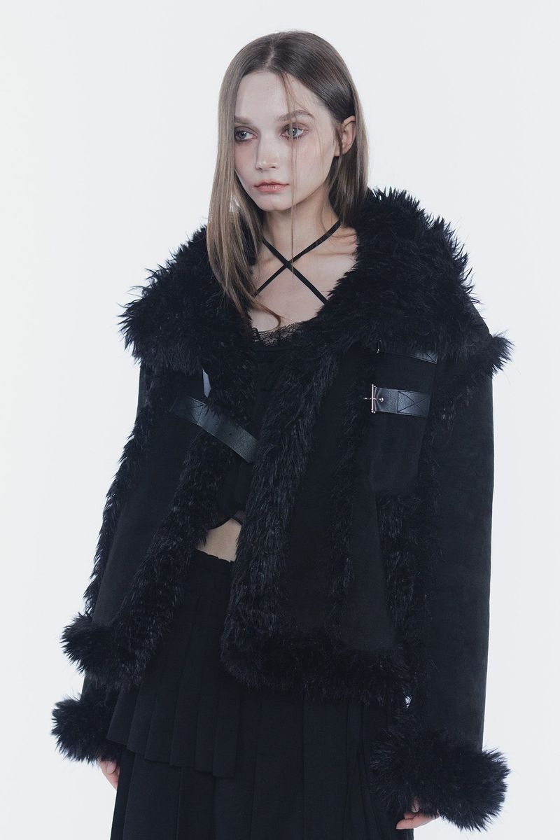 LUNA BELTED SHEARLING JACKET black