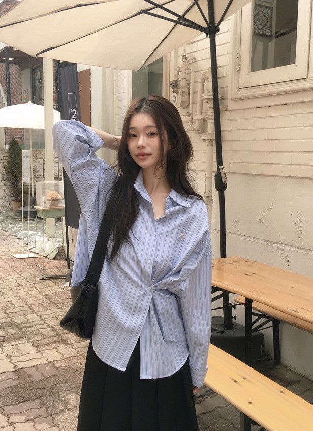Today Loose Button Wrap Stripe Shirt (3color)