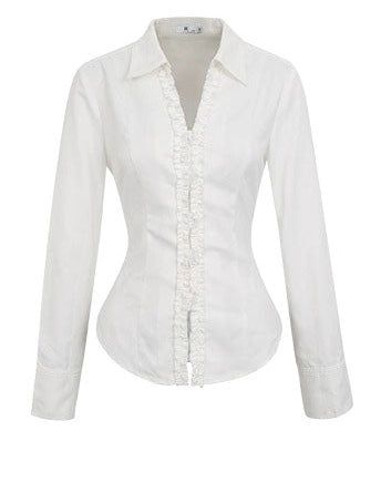 White V-neck Frill Style Long-Sleeved Shirt