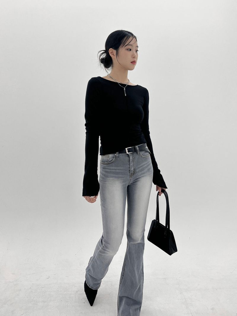 White washing boots-cut denim pants (Light gray)
