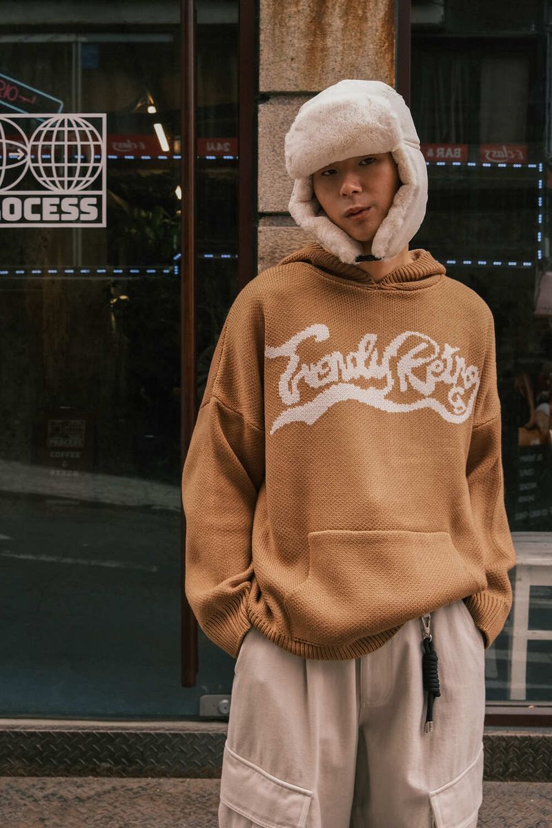 RE: WAVE LOGO KNIT HOODIE - SANDBEIGE