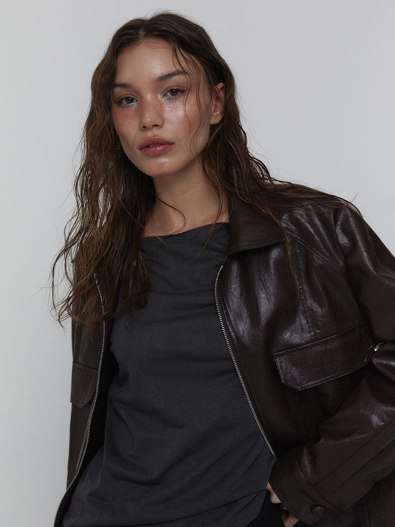 Eco Leather Bomber Jacket_Brown
