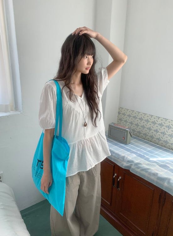 BAON（バオン）の「Munil Stripe V-Neck Half Button Blouse（Tops）」