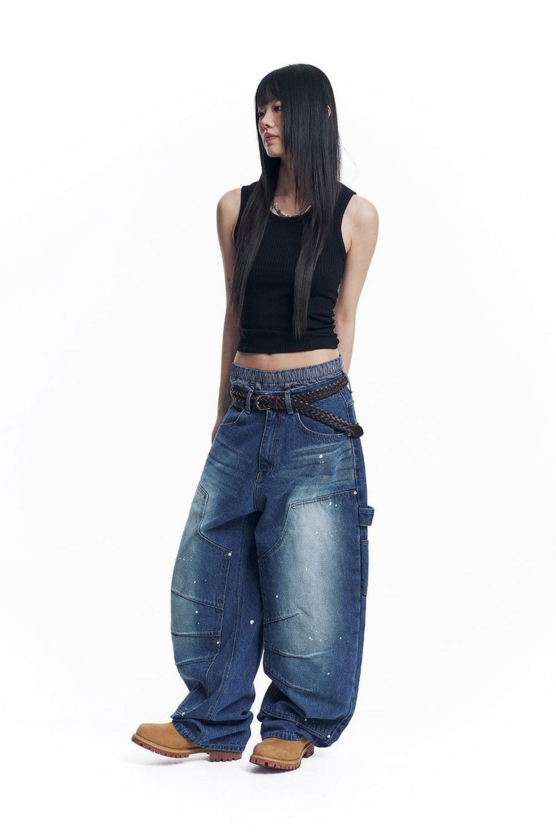 Curved Double Knee Denim Pants - Deep Blue