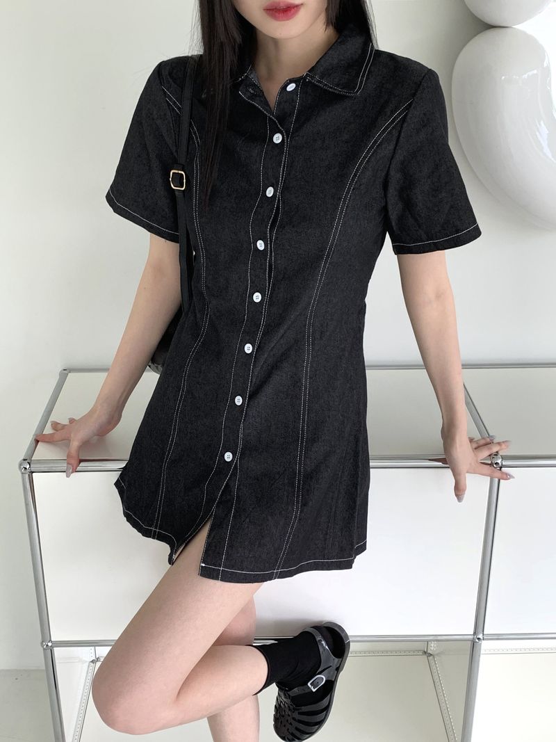 WONDER WONDER（ワンダーワンダー）の「Wadeen Denim Stitch Shirt Short Sleeve Mini One Piece（Dresses）」