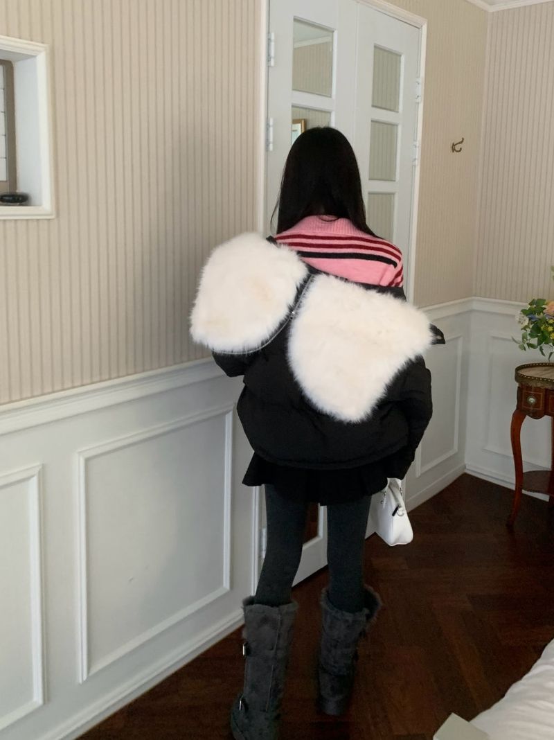 Ice Bloom Fur-Collar Duck Down Short Puffer
