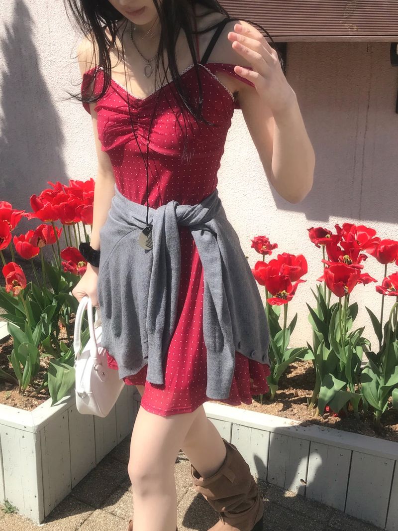 Cherry Kiss Dot Shirring Halter Mini Dress