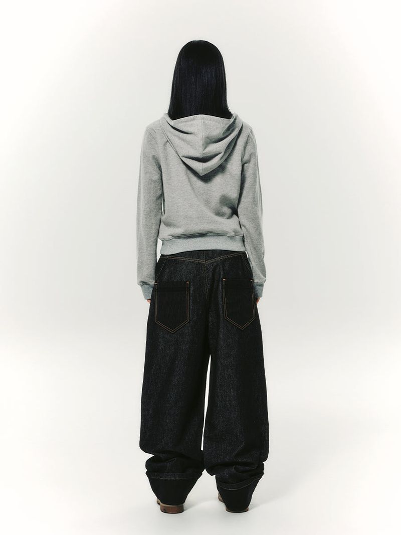 LACE ROLL UP DENIM PANTS BLACK