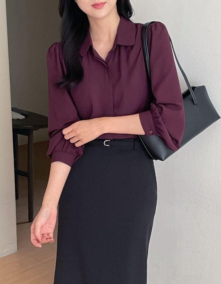 Nero Collar Shirring Hidden Button Puff Blouse