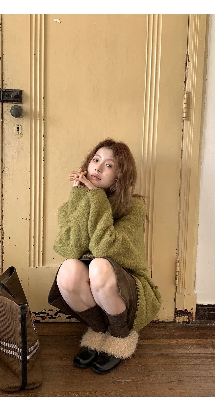 Green tea wool muffler knit cardigan