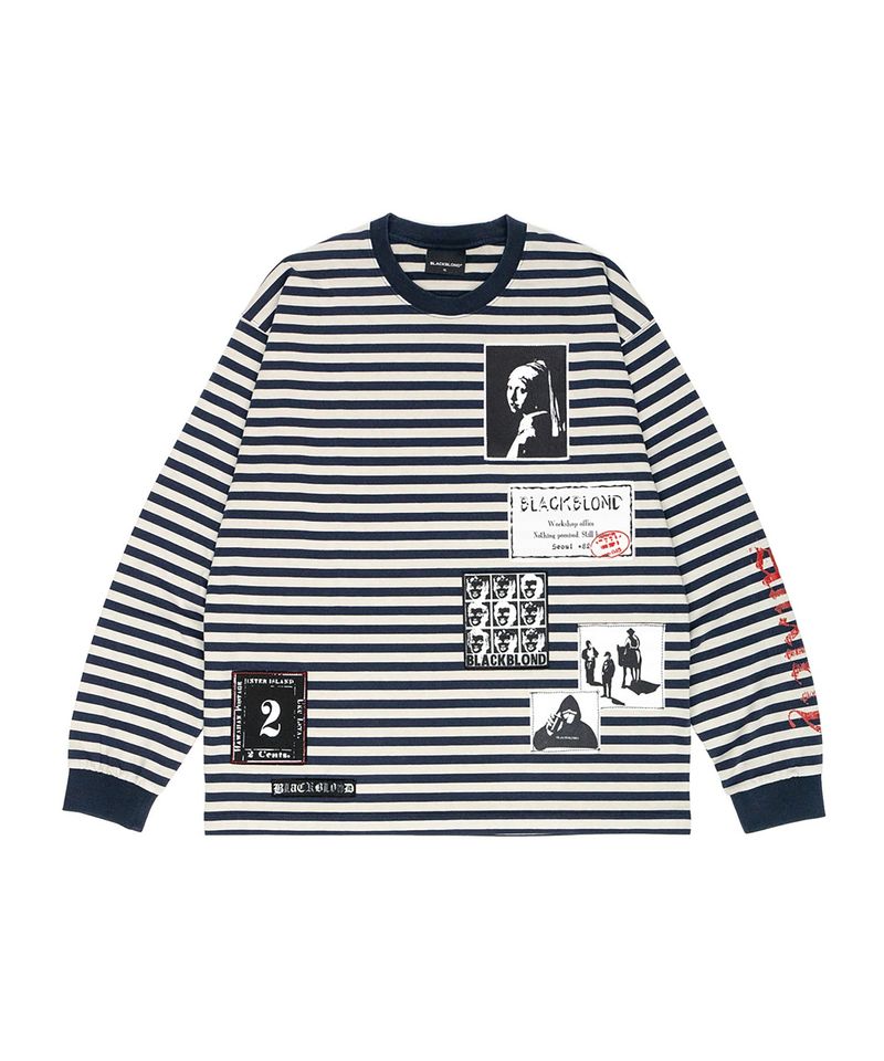 BLACKBLOND（ブラックブロンド）の「BBD Anxiety マルチパッチストライプ長袖Tシャツ (ネイビー&サンド)（トップス）」