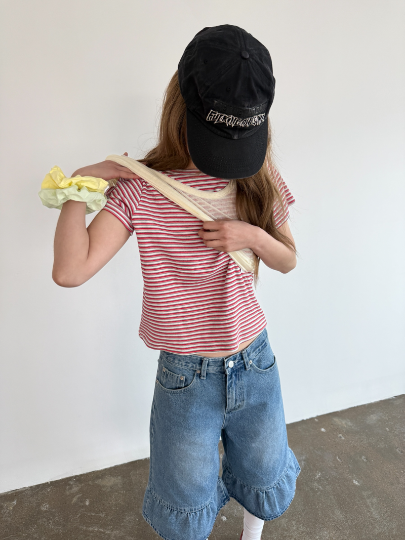 denim frill bermuda pants