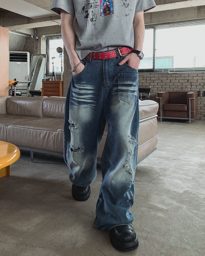 Binden Wash Damaged Wide Denim