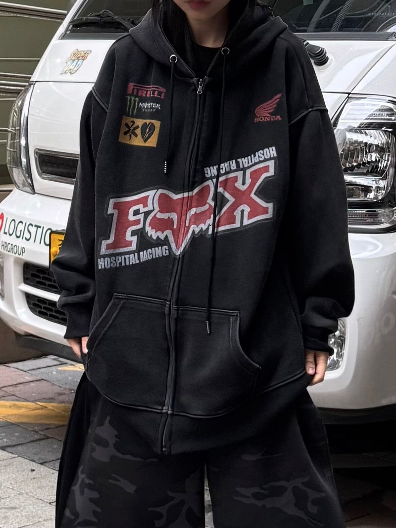 washed racing zip-up hoodie