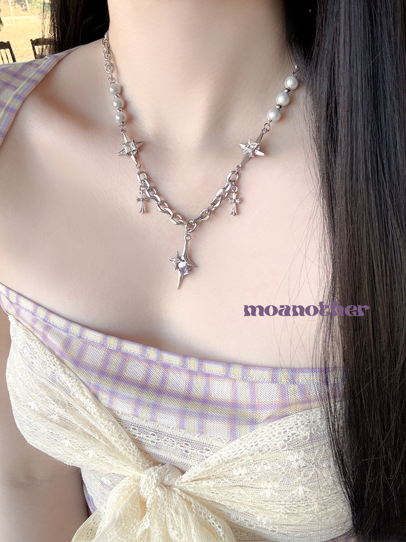 [Surgical Steel] パールクロスキュービックネックレス