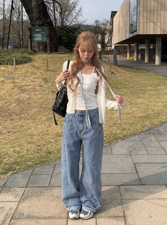 Ring-on Cut Washing Denim Wide Pants