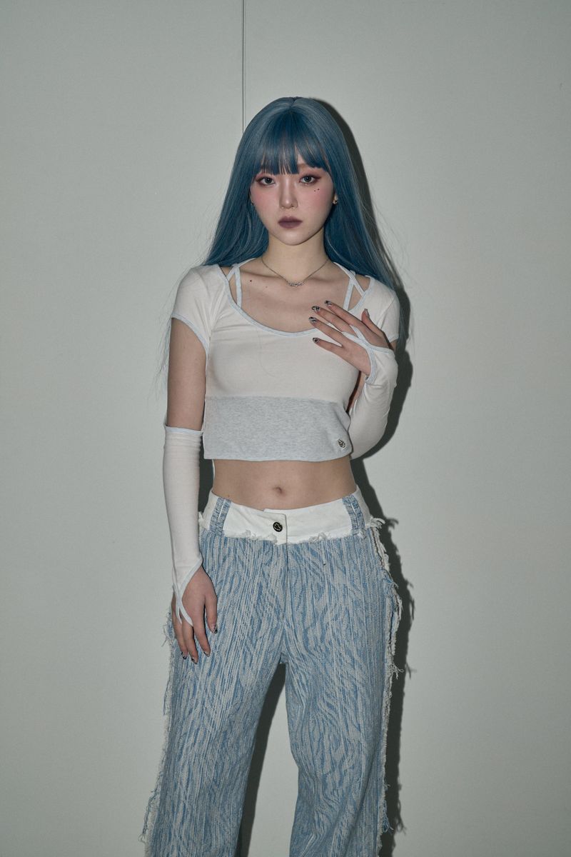 string circle crop top - white melange