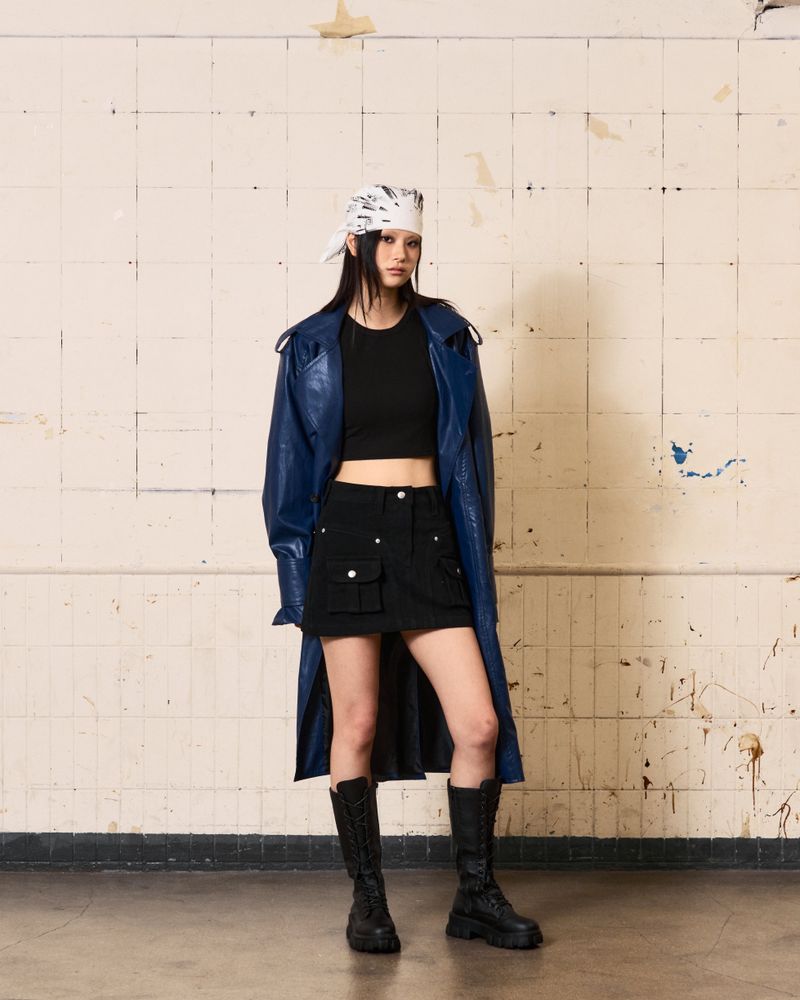 Curved Leather Trench coat (Blue)