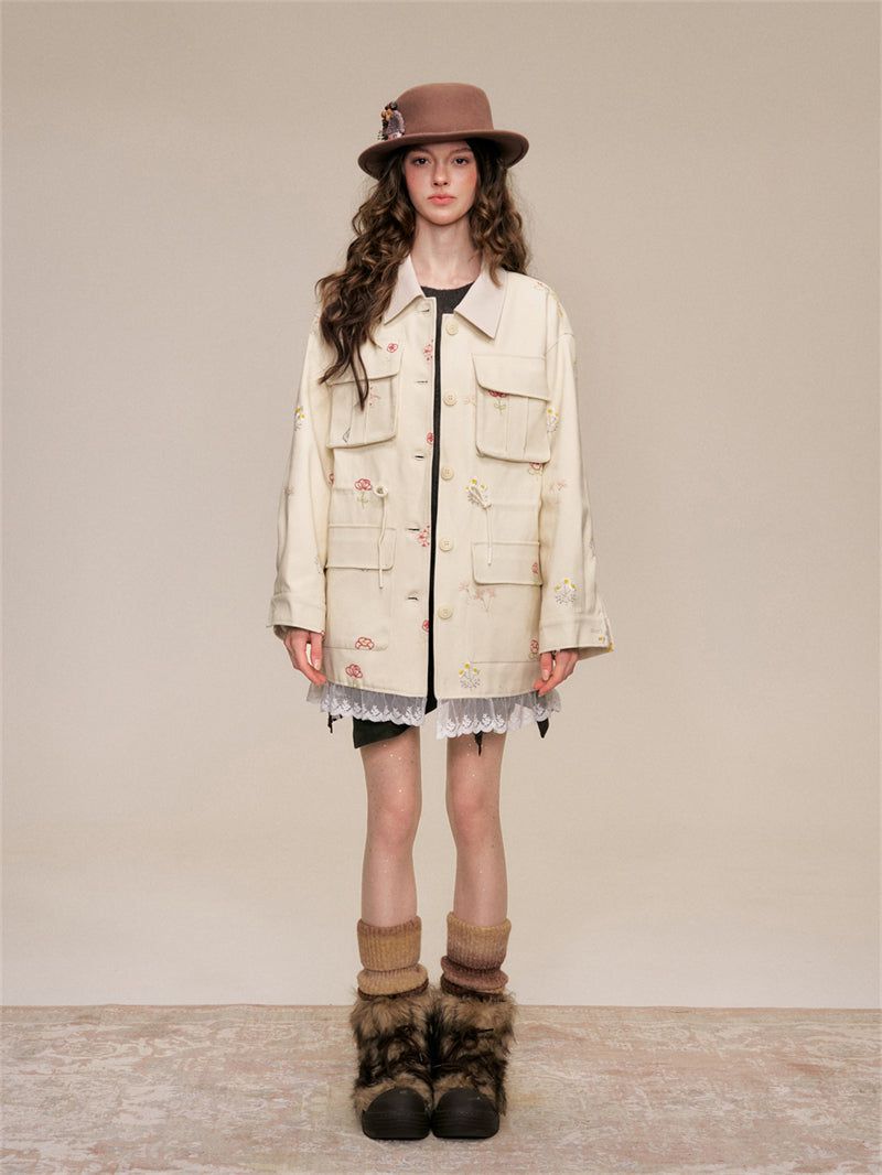 Floral Embroidery Cotton Cargo Jacket