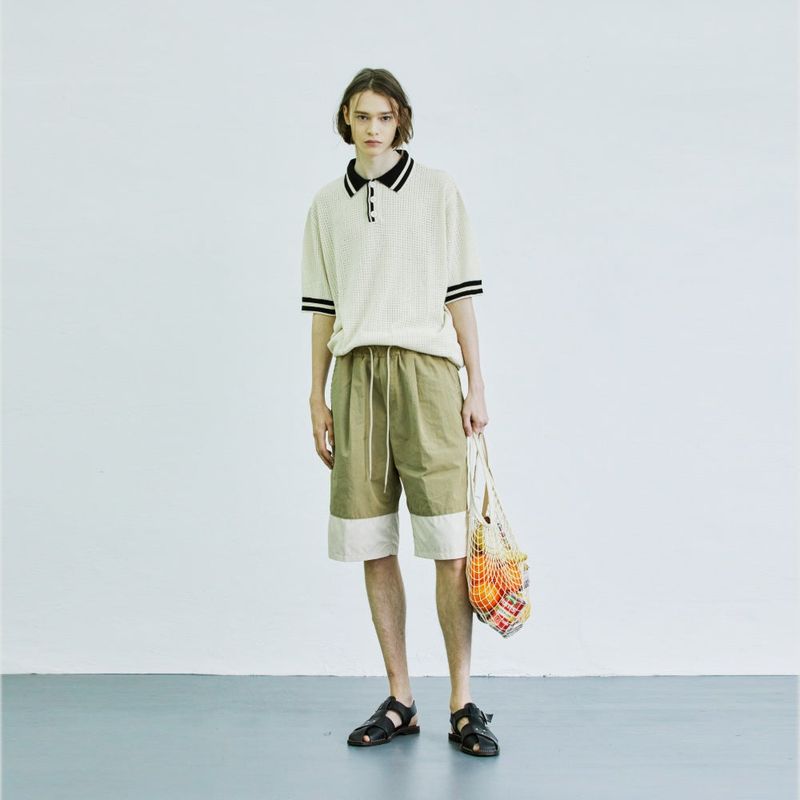 color block banding half nylon pants beige