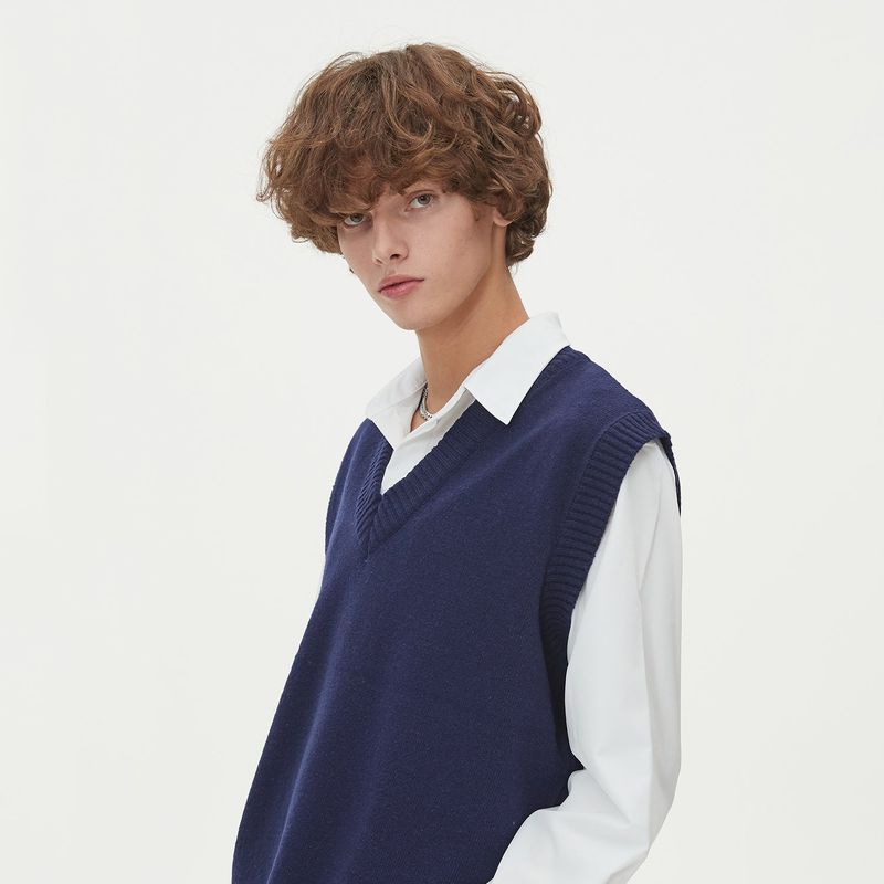 LAMBSWOOL V NECK KNIT VEST_NAVY