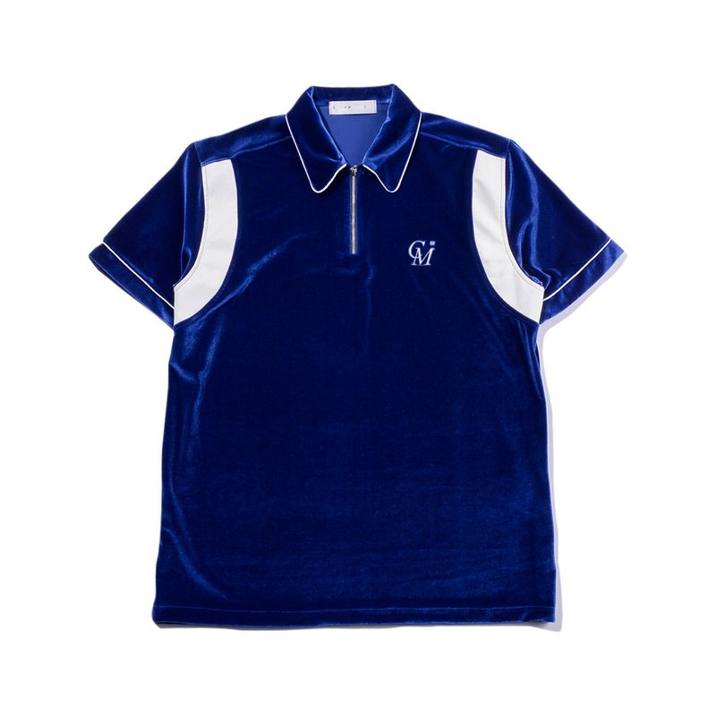 C.O.M.E（シーオーエムイー）の「[UNISEX] Leather-Trimmed Velour Zip Polo (Blue)（Tops）」