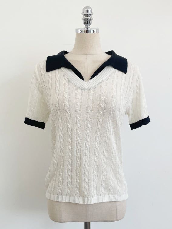 Rael Cable Color Matching Open Collar Knit