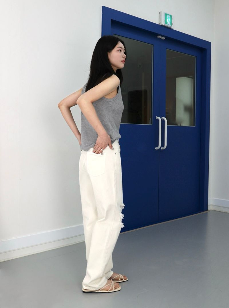 DESTROYED SLIM WIDE FIT DYING PANTS_ Cream White code 6836