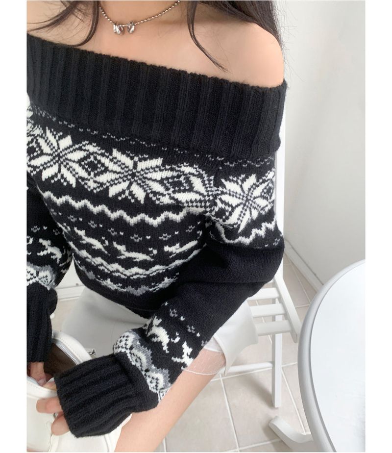 Snowfield Nordic Pattern Off-Shoulder Knit Top (Black)