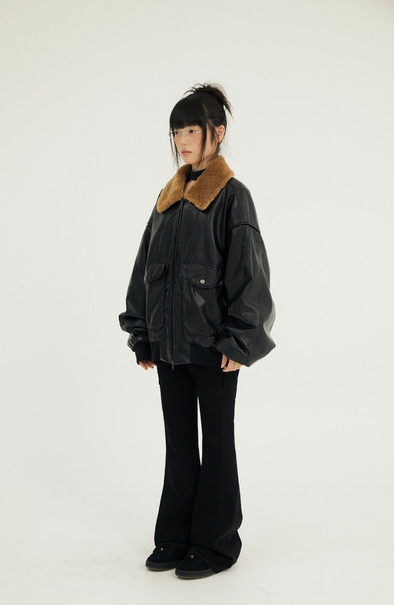 BIG POCKET FUR-COLLAR LEATHER JP BLACK