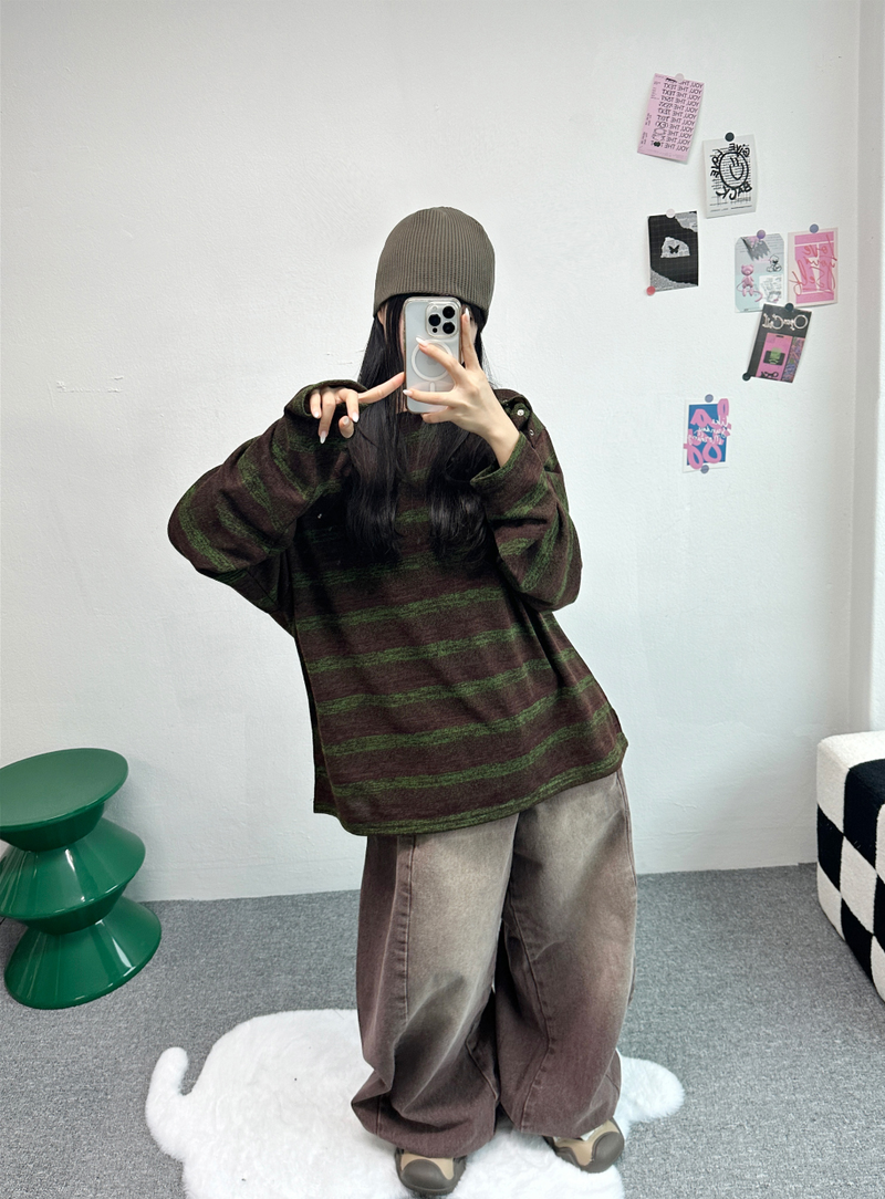 SHOULDER SNAP WARMER POINT STRIPED KNIT🤎🖤🧸 - 2 COLORS