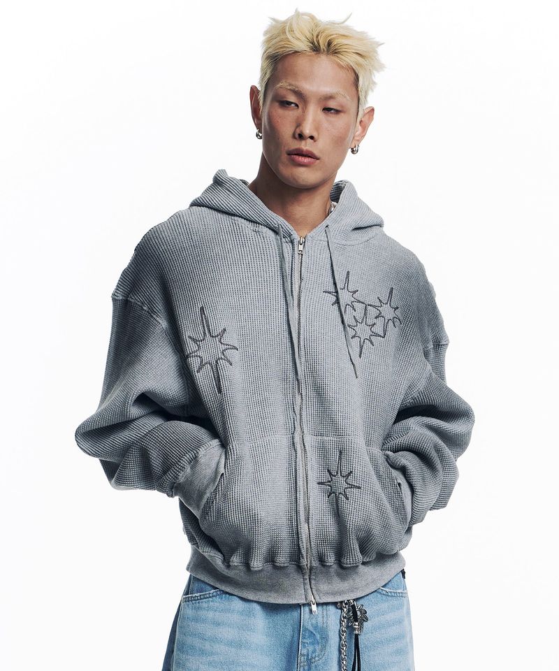 Washed Star Waffle Hooded Zip-Up - Grey