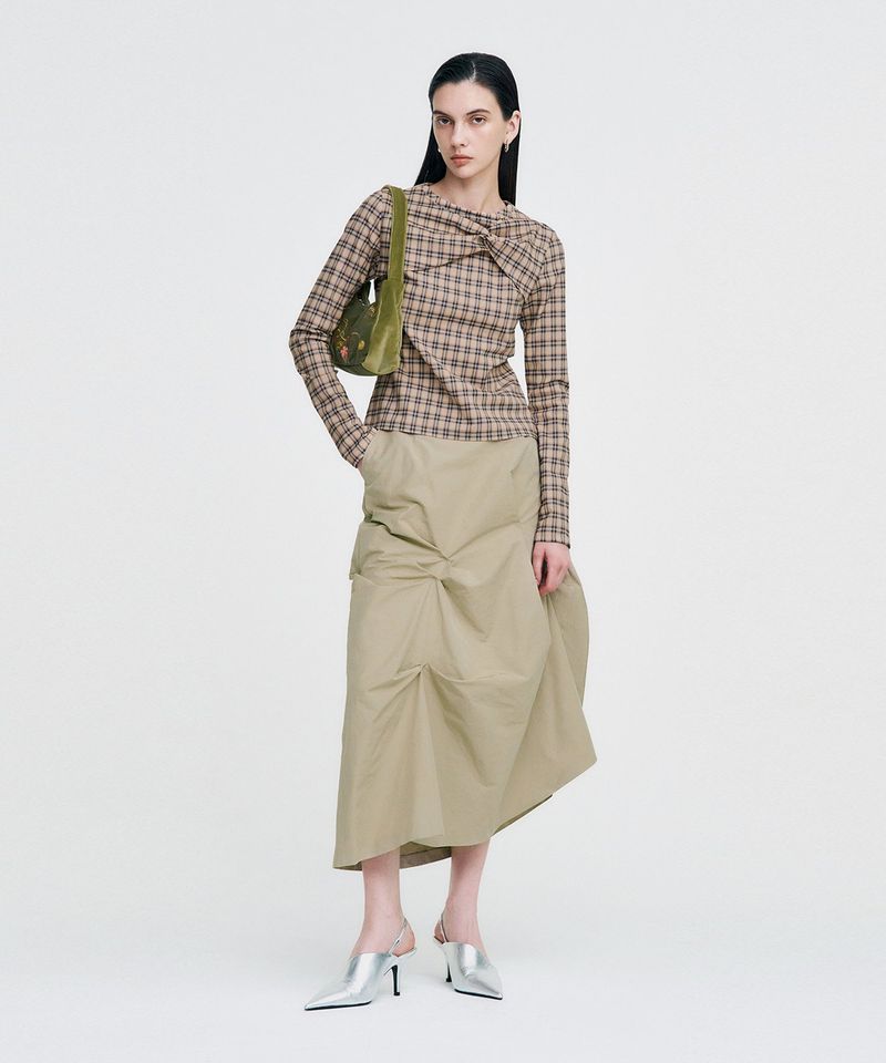 Twisted Check High-neck Top _ BEIGE