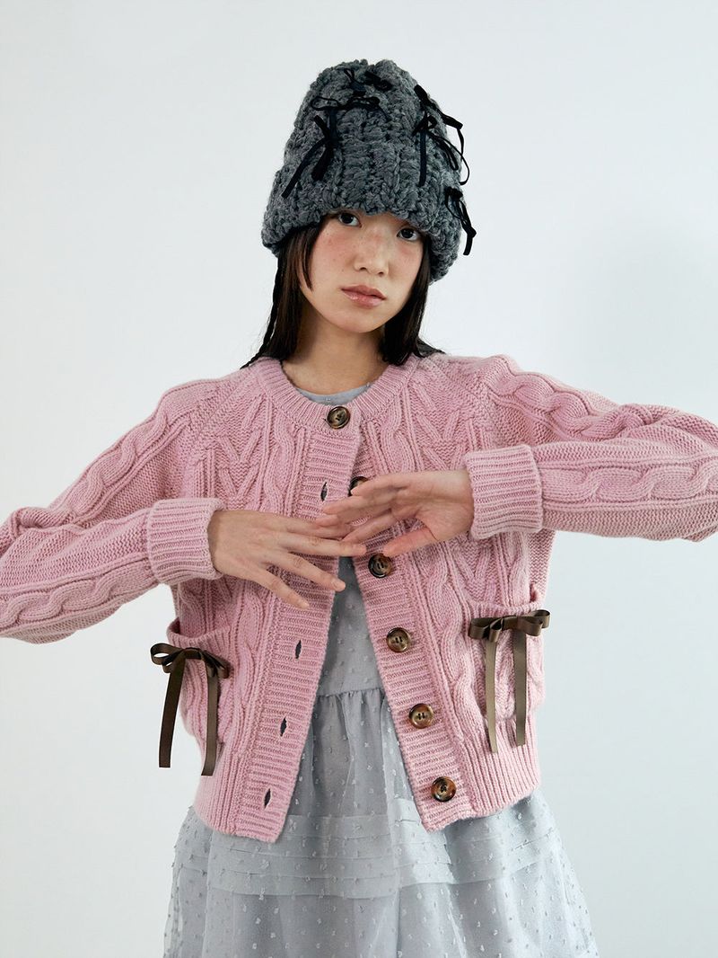 nefnef(ネプネプ)の「ribbon wool cable cardigan_pink()」