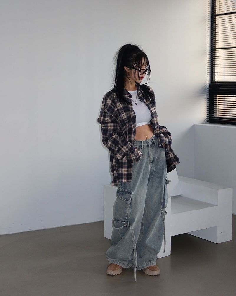 a navy checkered shirt
