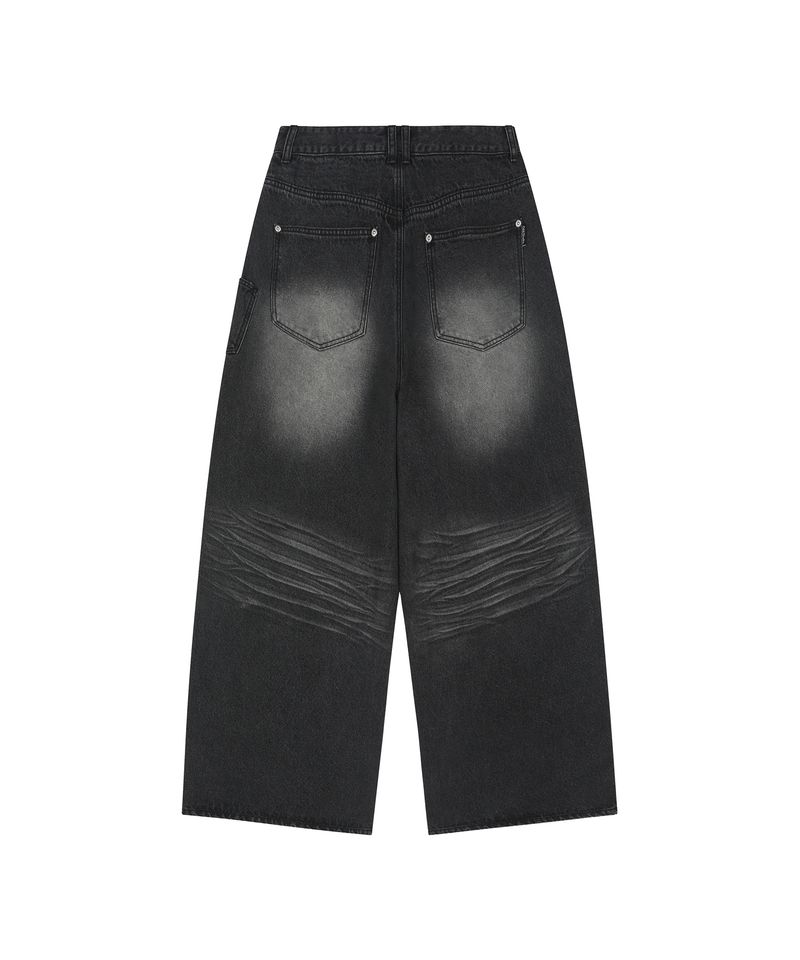 Vintage Washed Side Pocket Denim Pants - BLACK