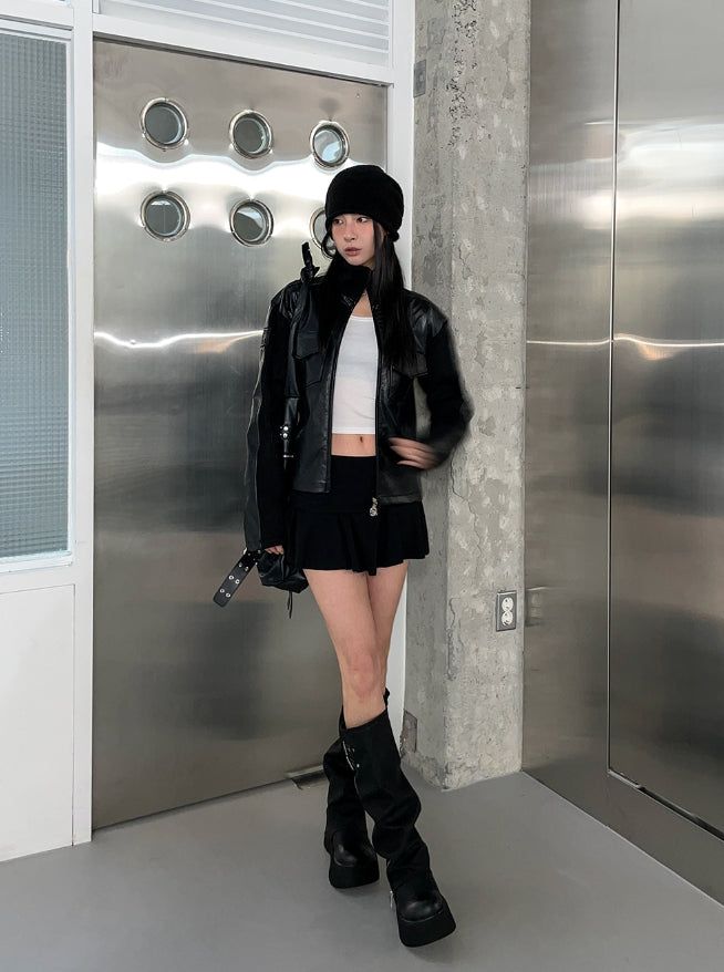 [LANARCH] Amber Leather Pocket Neck Zip-Up