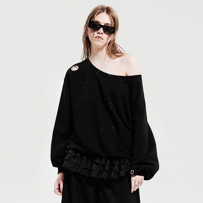 EYELET CUBIC OFF-SHOULDER SWEATSHIRT