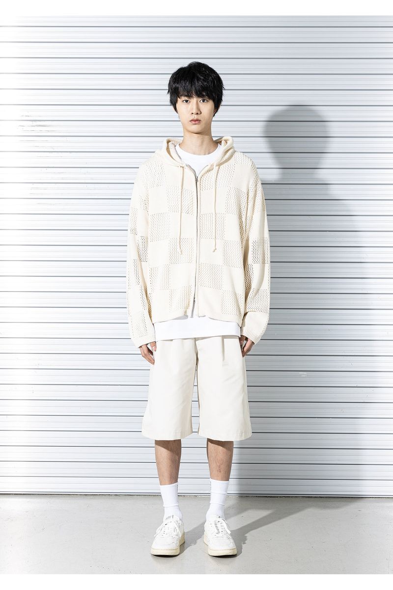 CHECKERBOARD MESHED ZIP-UP KNIT