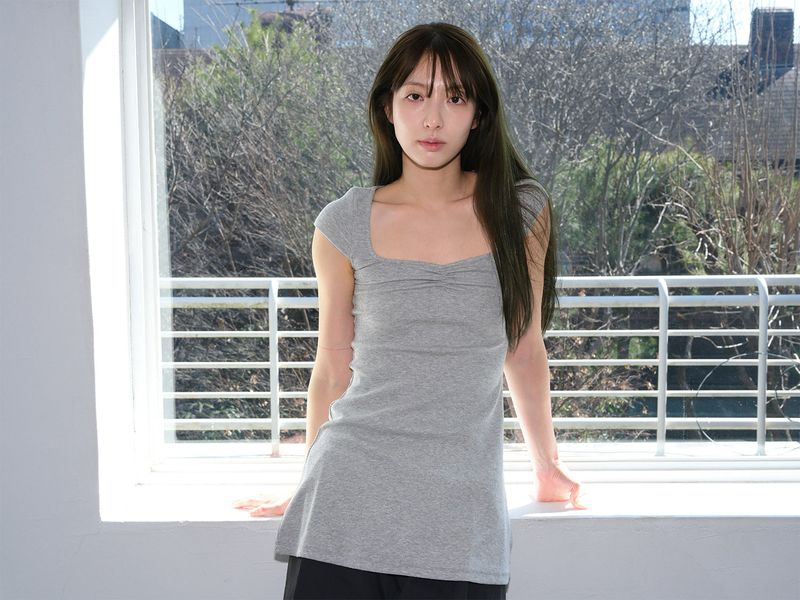 HASTA（ハスタ）の「リブシャーリングロングトップ (グレー)（トップス）」